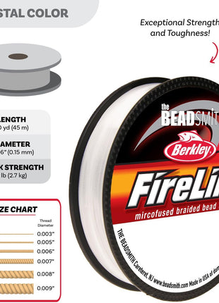 The Beadsmith Fireline by Berkley – Micro-Fused Braided Thread – 6lb. Test, 006 inch/.15mm Diameter, 50 Yard Spool, Crystal Color – Super Strong Stringing Material for Jewelry Making and Bead Weaving