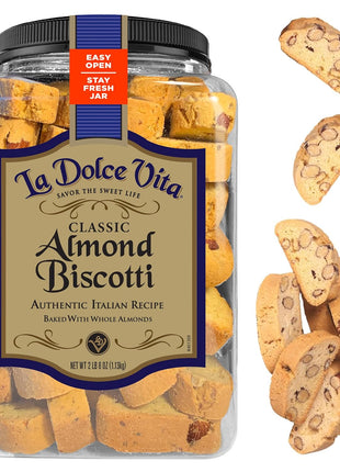 La Dolce Vita Almond Biscotti, Authentic Italian-Style Cookies, 40oz Jar