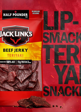 Jack Link's Teriyaki Beef Jerky Half Pounder - 8 oz Large Jerky Bag - Ready to Eat Real Meat Protein Snacks - 11g Protein per Serving - Made with 100% Real Beef