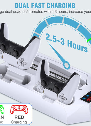 PS5/PS5 Slim/PS5 Pro Stand and Cooling Station with Dual Controller Charging Station for PlayStation 5 Console, PS5 Accessories Incl. Controller Charger, Cooling Fan, Headset Holder, 3 USB Hub, White