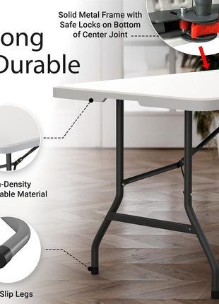 6 Feet Foldable Table with Built in Handle & Steel Legs | 6FT Heavy Duty Folding Portable | Perfect for Party, Dining, Wedding, Events, Picnic Indoor, Outdoor, Camping, Utility, Folding - 6 Foot