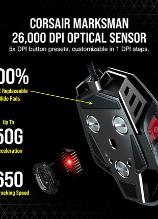 Corsair M65 RGB Ultra Tunable FPS Gaming Mouse Marksman 26,000 DPI Optical Sensor, Optical Switches, AXON Hyper-Processing Technology, Sensor Fusion Control, Tunable Weight System - Black