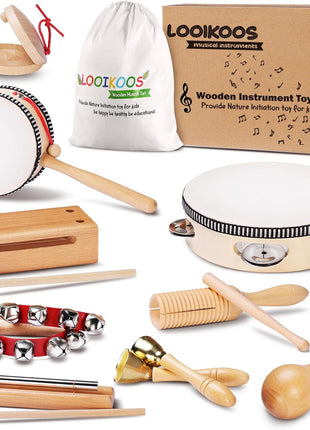 LOOIKOOS Montessori Natural Wooden Musical Instruments Set for Toddlers Preschool Educational Percussion Toys with Storage Bag, Safe Early Learning Toys for Boys Girls (3+)