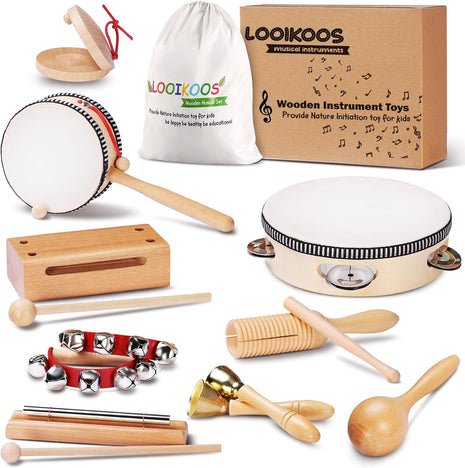 LOOIKOOS Montessori Natural Wooden Musical Instruments Set for Toddlers Preschool Educational Percussion Toys with Storage Bag, Safe Early Learning Toys for Boys Girls (3+)