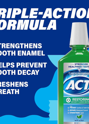 ACT Restoring Zero Alcohol Fluoride Mouthwash 33.8 fl. oz. Strengthens Tooth Enamel, Mint Burst