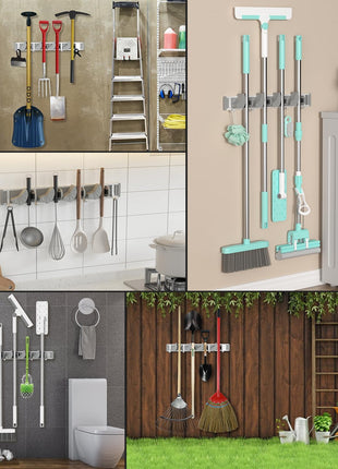 Holikme Mop Broom Holder Wall Mount Metal Pantry Organization and Storage Garden Kitchen Tool Organizer Wall Hanger for Home Goods (4 Positions with 4 Hooks, Silver)