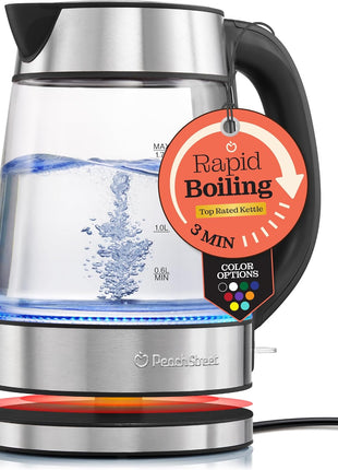 Speed-Boil Electric Kettle For Coffee & Tea - 1.7L Water Boiler 1500W, Borosilicate Glass, Easy Clean Wide Opening, Auto Shut-Off, Cool Touch Handle, LED Light. 360° Rotation, Boil Dry Protection