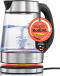 Speed Boil Electric Kettle For Coffee & Tea   1.7L Water Boiler 1500W, Borosilicate Glass, Easy Clean Wide Opening, Auto Shut Off, Cool Touch Handle, LED Light. 360? Rotation, Boil Dry Protection