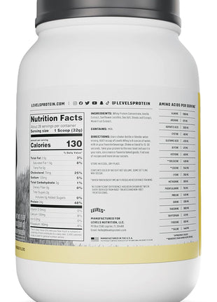 Levels Whey Protein Powder, No Artificial Ingredients, Vanilla Bean, 2LB | 24G of Protein, 5.4G BCAAs, Clean Ingredients, Hormone Free Dairy, No Fillers, No Added Sugar, No Junk