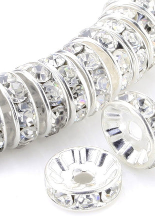 Allb 100Pcs Rondelle Spacer Beads 8mm Silver Plated Czech Crystal Rhinestone for Jewelry Making Loose Beads for Bracelets