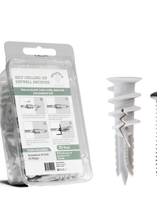 Reinforced Nylon 66 Drywall Anchors 90lb Limit, Self Drilling, Home Improvement Value Pack for Home Projects & Picture Hanging Kit, 25 Plastic Dry Wall Expansion Anchors and 25 Sheetrock Screws