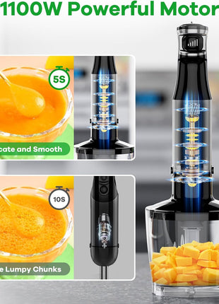 Turelar Immersion Blender Handheld Corded Hand Blenders Set 1100W, Trigger Variable Speed 5 in 1 Stick Emulsifier with Chopper, Whisk and Frother for Soup, Baby Food and Smoothies,Black