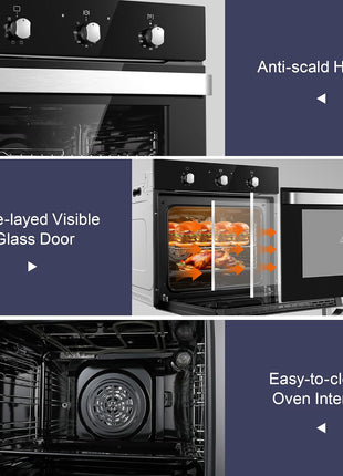 Wall Ovens 24 inch Electric,Built-in Single Wall Ovens, Convection Wall Oven with Rotisserie, 8 Cooking Functions,2900W,240V,2.15Cu.f Mechanical Knobs Control, Black Tempered Glass Finish