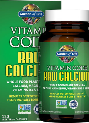 Garden of Life Raw Calcium Supplement for Women and Men - Vitamin Code Made from Whole Foods with Magnesium, K2, Vitamin D3 and Vitamin C plus Probiotics for Digestion, 120 Capsules