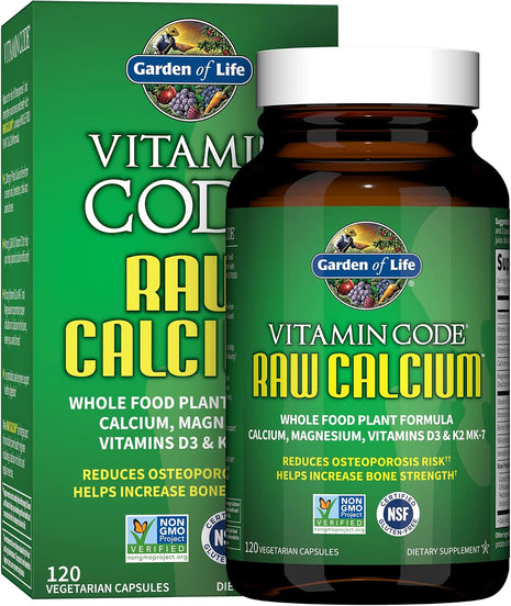 Garden of Life Raw Calcium Supplement for Women and Men - Vitamin Code Made from Whole Foods with Magnesium, K2, Vitamin D3 and Vitamin C plus Probiotics for Digestion, 120 Capsules