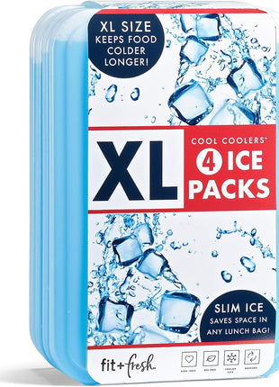 Cool Coolers by Fit & Fresh 4 Pack XL Slim Ice Packs, Quick Freeze Space Saving Reusable Ice Packs for Lunch Boxes or Coolers