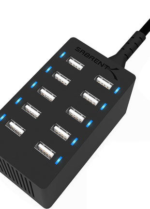 SABRENT 60W 10-Port USB Charging Station, Auto-Detect (AX-TPCS) | 12A family-sized desktop rapid charger; smart auto-detect USB ports; UL certified; black; usb power strip; usb charging hub