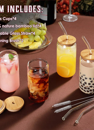 Drinking Glasses with Bamboo Lids and Glass Straw 4pcs Set - 16oz Glass Cups, Iced Coffee Glasses, Cute iced Tea Glasses, Beer Glasses, Ideal for Coffee Bar Accessories, Aesthetic Gift - 2 Brushes
