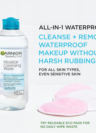 Garnier Micellar Water For Waterproof Makeup, Hydrating Facial Cleanser & Makeup Remover, Suitable for Sensitive Skin, Vegan, Cruelty Free, 13.5 Fl Oz (400mL), 1 Count