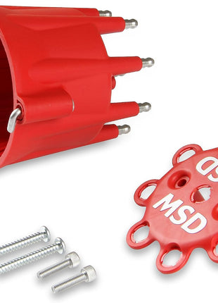 MSD 8433 Red, V8 Distributor Cap With HEI Terminals and Spark Plug Wire Retainer