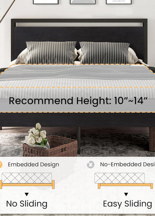SHA CERLIN 14 Inch Queen Size Metal Platform Bed Frame with Wooden Headboard and Footboard, Mattress Foundation, No Box Spring Needed, Large Under Bed Storage, Non Slip Without Noise, Black Oak