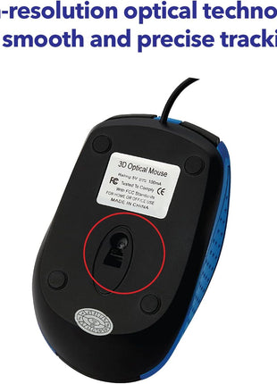 Verbatim Wired USB Computer Mouse - Corded USB Mouse for Laptops and PCs - Right or Left Hand Use, Blue 99743, 1.4" x 2.4" x 3.9"