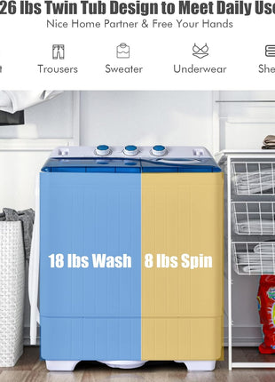 COSTWAY Portable Washing Machine, Twin Tub 26lbs Capacity Laundry Washer, 18lbs Washer and 8lbs Spinner Combo with Timer Knobs, Built-in Drain Pump, Compact Washer for Home Dorm Apartment, Blue+White