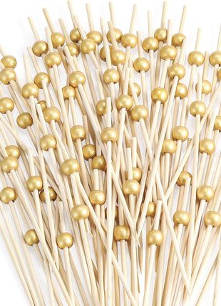 200 Pcs Cocktail Picks, 4.7 Inch Toothpicks for Appetizers, Bamboo Cocktail Sticks Skewers for Drinks, Desserts, Charcuterie, Wedding Party Fancy Toothpicks, Gold Pearl Mini Food Picks Decorative