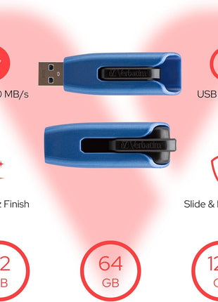 Verbatim 128GB USB 3.0 Store 'N' Go V3 Max Flash Drive - Cap-Less & PC/Mac Compatible - Blue