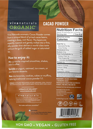 Organic Cacao Powder, Unsweetened, 1 lb (454 g) – Rich Dark Chocolate Flavor, Perfect for Baking, Smoothies & Hot Chocolate – Vegan, Keto, Paleo, Non-GMO & Gluten-Free Cocoa Powder