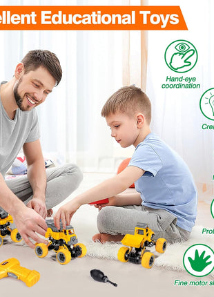 LUDILO Take Apart Construction Toys for 4 Year Old Boys Gifts Toys Age 4-6 | 4PCS Excavator Toy with Electric Drill/Kids Toy Boys 3-5/Building Learning Stem Toys for 3 4 5 6 7 Year Old Boy Birthday Gift