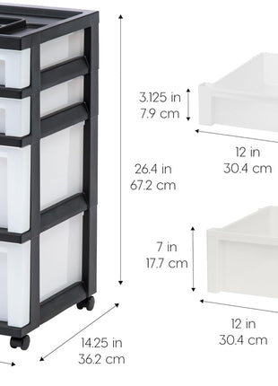 IRIS USA 4-Drawer Rolling Storage Cart with Organizer Top, Black/Pearl | Keep craft supplies, office essentials, classroom items, and accessories organized with easy-access drawers for daily use