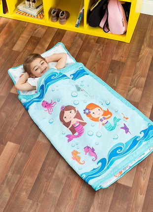 EVERYDAY KIDS Toddler Nap Mat with Removable Pillow -Underwater Mermaids- Carry Handle with Fastening Straps Closure, Rollup Design, Soft Microfiber for Preschool, Daycare Sleeping Bag, Ages 2-6 years