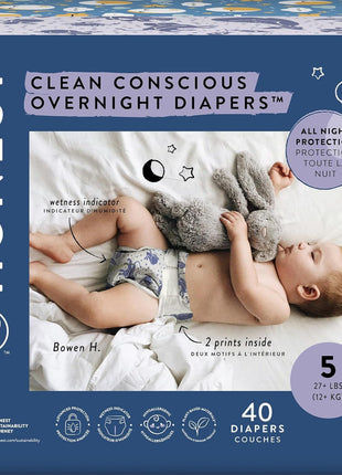 The Honest Company Comfort Dry Overnight Diapers, Up to 12 Hours Protection, Hypoallergenic, Cozy Cloud + Star Signs, Club Box Size 5 (27+ lbs), 40 Count