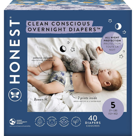 The Honest Company Comfort Dry Overnight Diapers, Up to 12 Hours Protection, Hypoallergenic, Cozy Cloud + Star Signs, Club Box Size 5 (27+ lbs), 40 Count