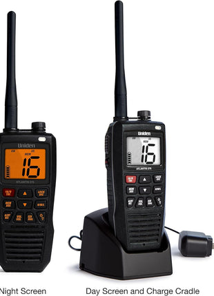 Uniden Atlantis 275 Handheld Two-Way VHF Marine Radio, Floating IPX8 Submersible Waterproof, Large Dual-Color Screen, 6-Watt, All USA/International/Canadian Marine Channels, NOAA Weather Alerts