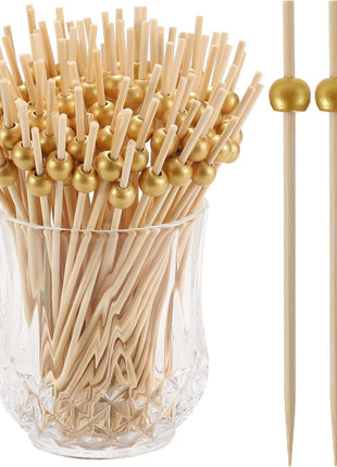 200 Pcs Cocktail Picks, 4.7 Inch Toothpicks for Appetizers, Bamboo Cocktail Sticks Skewers for Drinks, Desserts, Charcuterie, Wedding Party Fancy Toothpicks, Gold Pearl Mini Food Picks Decorative