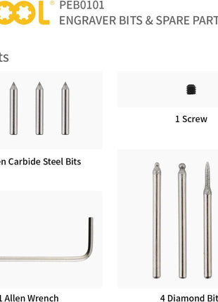 10PCS Spare Parts Set for UTOOL 24W Engraver Pen Kit | Includes 4 Diamond Point Tungsten Carbide Steel Engraving Bits, 4 Grinding Bits, 1 Replaceable Screw, 1 M2 Allen Wrench