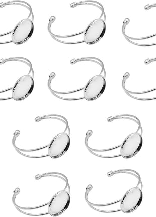 MIAO JIN 10 Pcs 25 mm Adjustable Round Cabochon Bezel Tray Blank Bangle for Crafting DIY Bracelets Making(Silver)