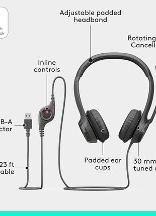 Logitech H390 Wired Headset PC/Laptop Stereo Headphones - Black | For PC/Laptop, stereo headphones, microphone, in-line controls, works with Chromebook
