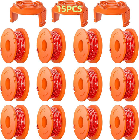 15 Pack (WA0010)Replacement Trimmer Line Spool Compatible with Worx Weed Eater, 0.065 inch Trimmer Line Refills for Worx Trimmer,Weed Wacker String Replacement Parts(12 Trimmer Spools,3 Trimmer Caps)