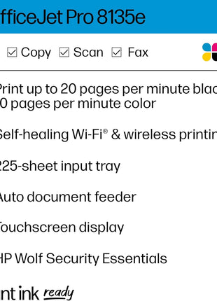 HP OfficeJet Pro 8135e Wireless All-in-One Color Inkjet Printer, Print, scan, Copy, fax, ADF, Duplex Printing Best-for-Home Office, 3 Month Instant Ink Trial Included, AI-Enabled (40Q35A)