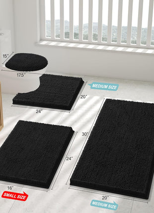 Smiry Luxury Chenille Bathroom Rugs 30x20, Extra Soft and Absorbent Shaggy Bath Mat, Machine Washable, Non Slip Plush Carpet Runner for Tub, Shower, and Floor, Home Decor Accessories, Black