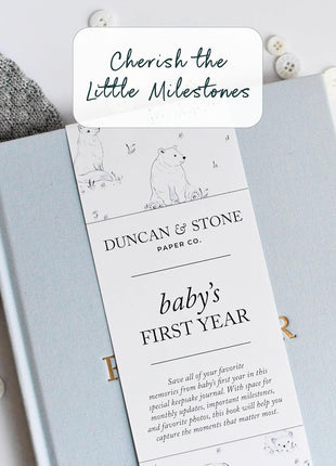 Duncan & Stone Baby Book First Year Memory Keepsake, Linen, Cream | Record milestones, photos & ultrasounds in a 112-page linen baby book; a boy or girl new mom keepsake gift