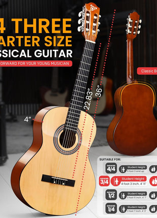 Pyle Beginner Acoustic Guitar Kit, 3/4 Junior Size All Wood Instrument with Full Accessory Kit, Picks, Shoulder Strap, Carry Case, Cleaning Cloth, Tuner App, 2 Month Lessons, 36"