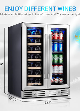 24 Inch Wine and Beverage Fridge, Wine Refrigerator Dual Zone Hold 20 Bottles and 78 Cans,Built-In or Freestanding Digital Touch Control | Under Counter or Freestanding Wine Fridge Hold 20 Bottles and 78 Cans, Digital Touch Control