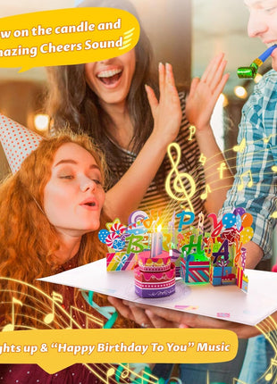 3D Pop-Up Birthday Card with Music, Blowable LED Candle, for Ages 1 to 100 | Happy Birthday Music, Color-Changing Lights, 3D Cake Design, Envelope & Greeting Card, Milestone Gift for Women, Men And Kids