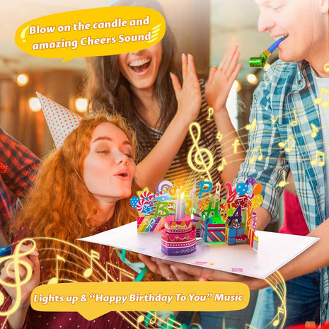 3D Pop-Up Birthday Card with Music, Blowable LED Candle, for Ages 1 to 100 | Happy Birthday Music, Color-Changing Lights, 3D Cake Design, Envelope & Greeting Card, Milestone Gift for Women, Men And Kids