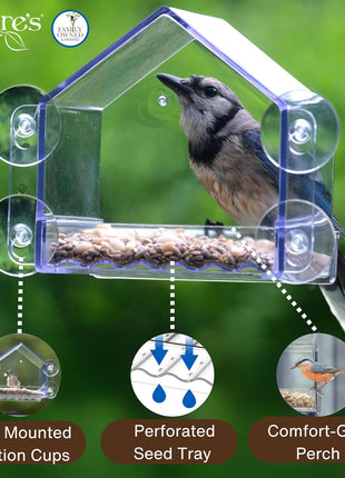 Nature's Way Win-3 Clear View Window Bird Feeder with Strong Suction Cups, Transparent Outdoor Wild Bird Seed Feeder and Décor, 2 Cup Capacity, Clear, 6.5 inch