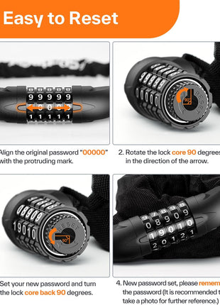 Sportneer Bike Lock: 5 Digit Combination High Security Anti Theft Bike Chain Lock - 3.2/3.6/4ft Heavy Duty Keyless Bicycle Lock for Bike, Motorcycle, Scooter, Door & Gate - 4/6mm Thick, Easy to Use